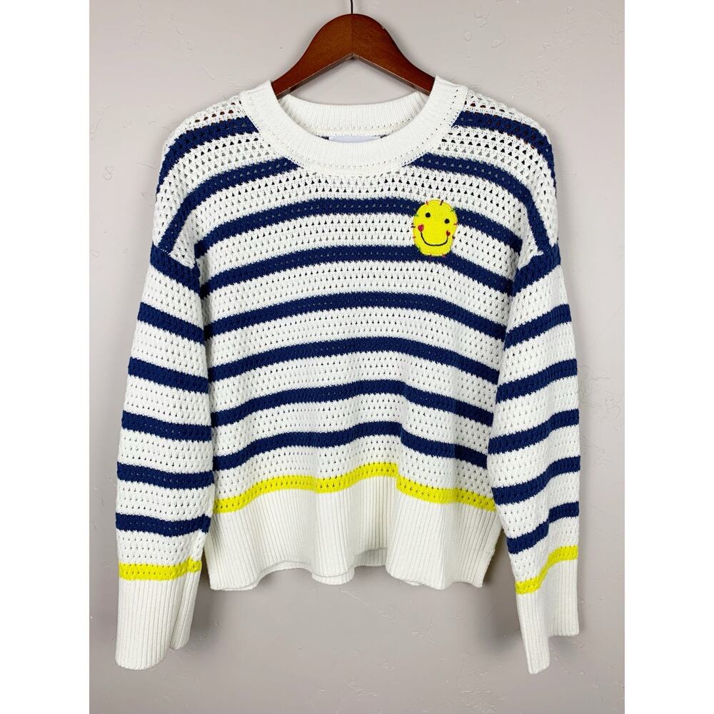 Kerri Rosenthal Smiley Face Striped Sweater Cream Blue Crochet Knit Women's L